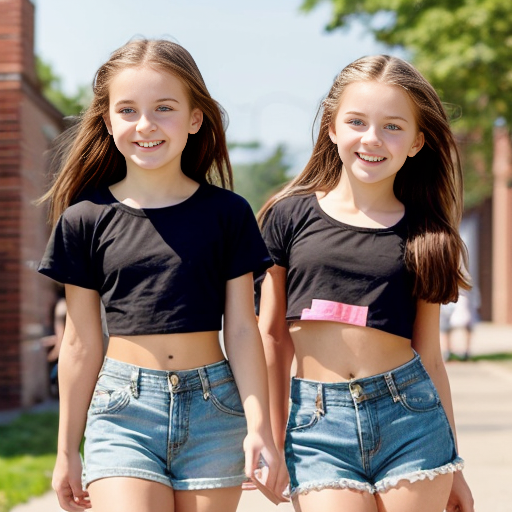 little girls in short shorts and crop top , in school 