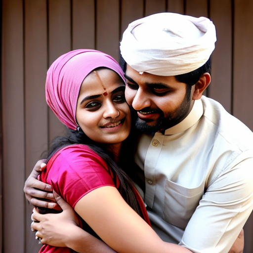 A Hindu Brahmin women in saree with slim muslim man wearing muslim cap Happy tight hug 