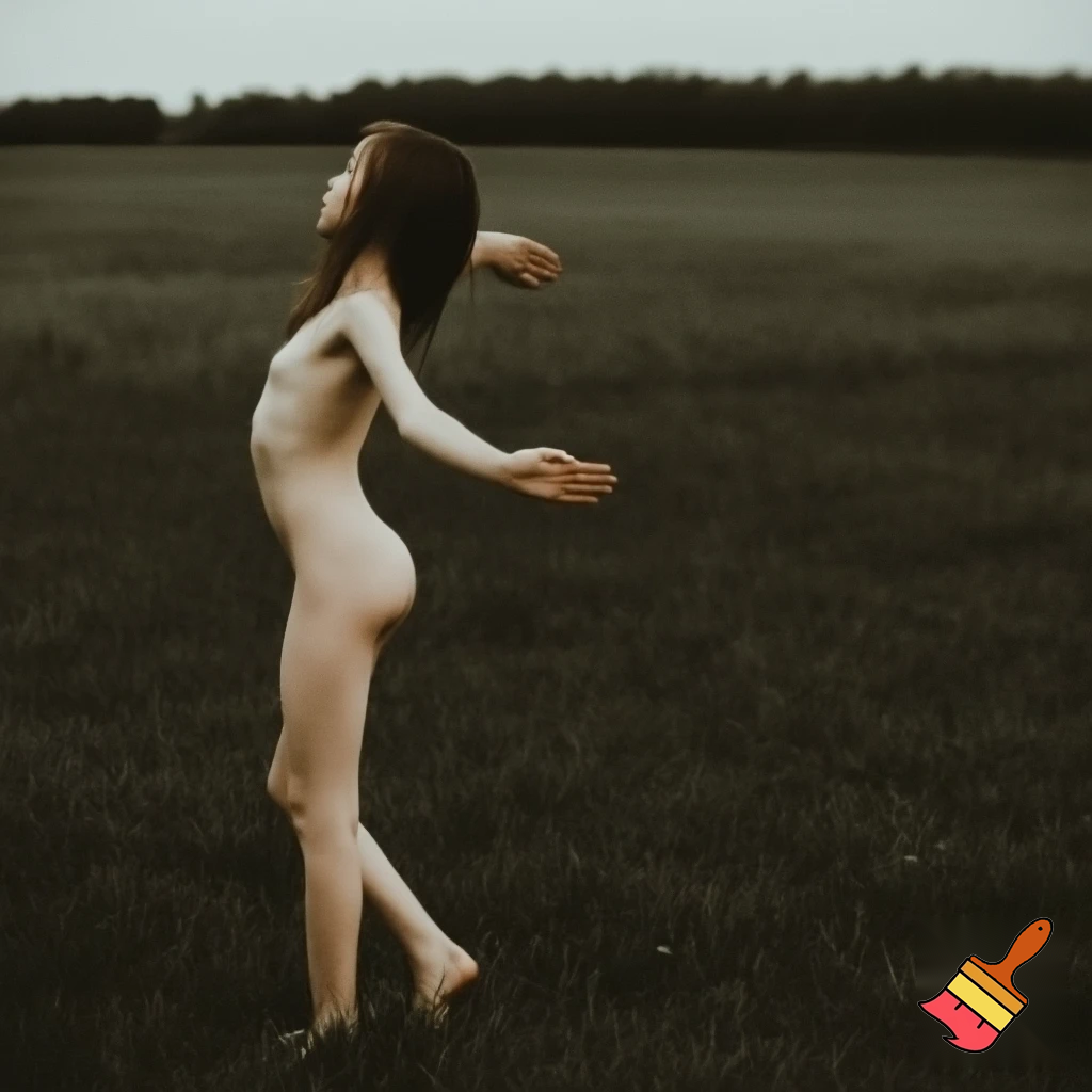 создай худую голую девушку полностью без одежды стоящую в тихом поле