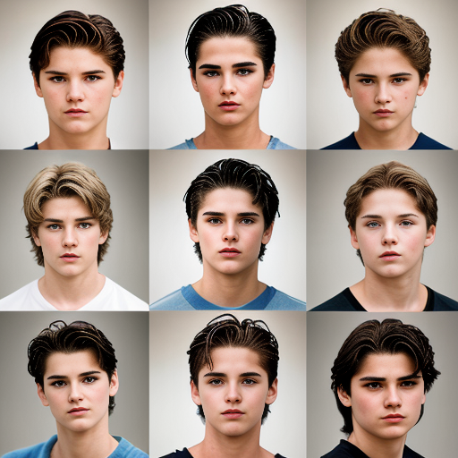  individual head shots of  the different main characters from the book the outsiders.
