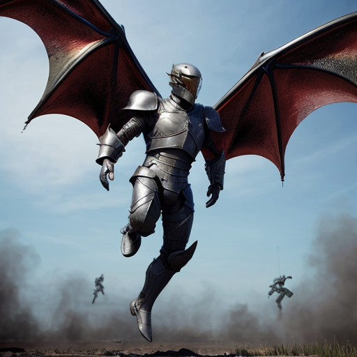 A man in fancy, high tech, and futuristic dragon armor suit in the battlefield, levitating in the air with metal wing