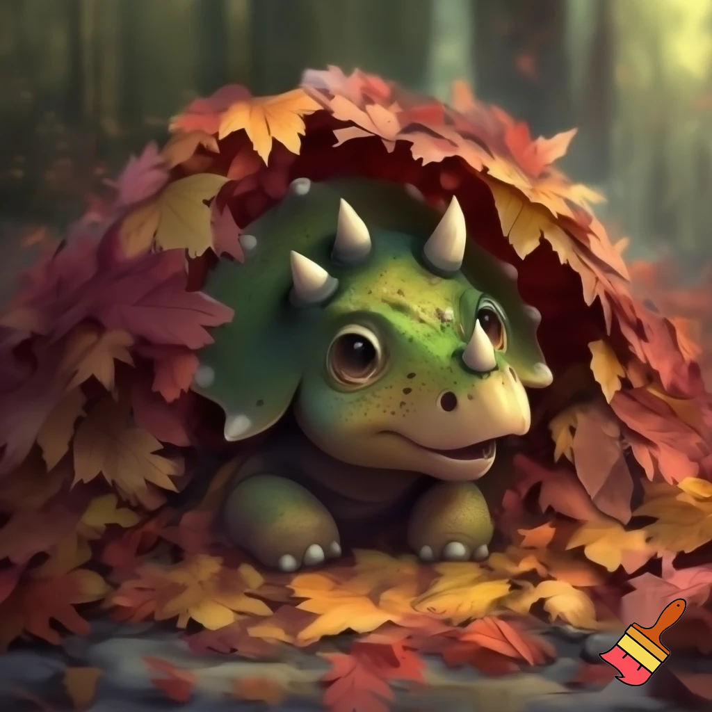 Draw a cute baby triceratops In the wild covering his head in a pile of leaves 
