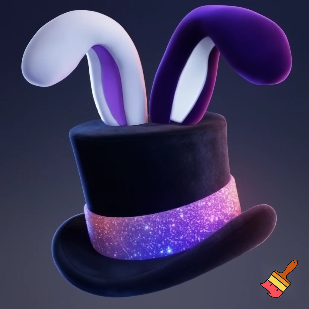 Black top hat with bunny ears velvet white and purple purple and white headband fabric and velvet glitter, purple and pink