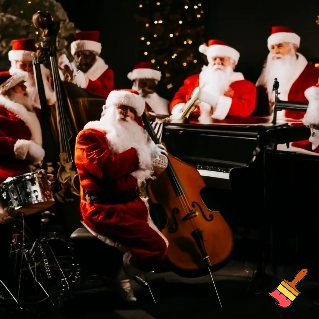 “Professional studio photo of a jazz band performing on stage, all musicians dressed in full Santa Claus costumes (red suits, white beards, hats). Warm cinematic lighting, Christmas decorations in the background, vintage microphones and instruments (saxophone, double bass, piano, drums). Atmosphere elegant, festive, stylish. Ultra-realistic, high-resolution, 16:9 composition.”