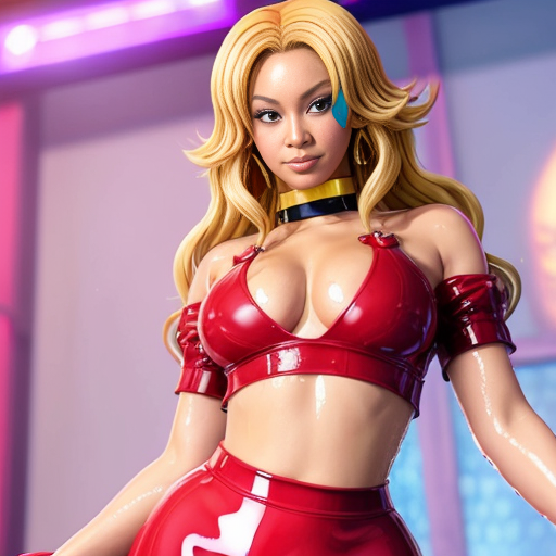 Beyonce  in wet in a red latex top with latex skirt with long red nails with honey blonde hair selfie ve yerde sırtüstü yatar gözlerini kapatır elleri karnında bacakları ve ayakları düz şekilde 
