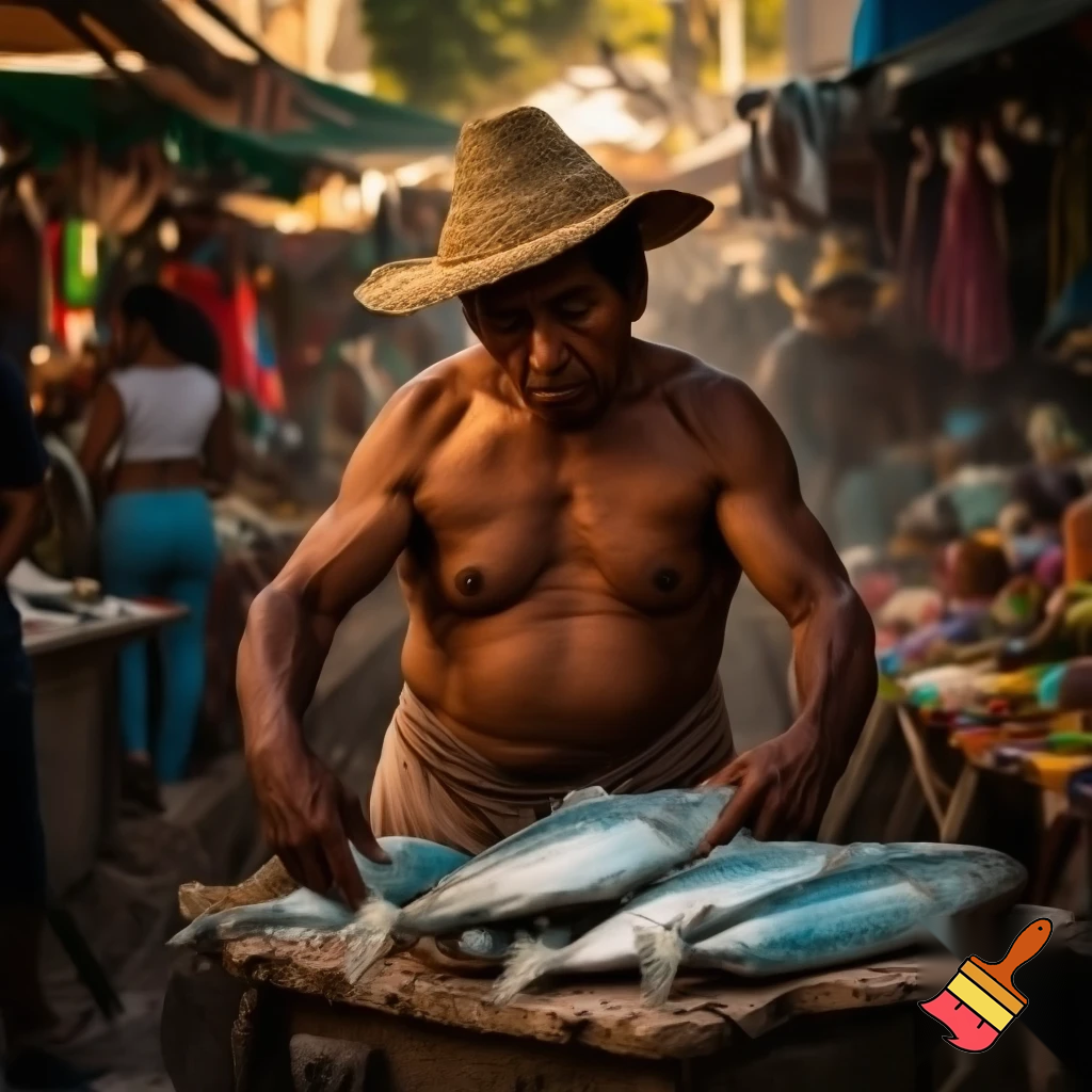 Ancient Aztec fisherman selling fish in the market