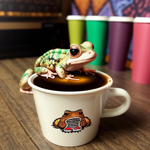 A hillarious, funny boho toad with some hippie colored coffee cups. Psychedelic decorated background.