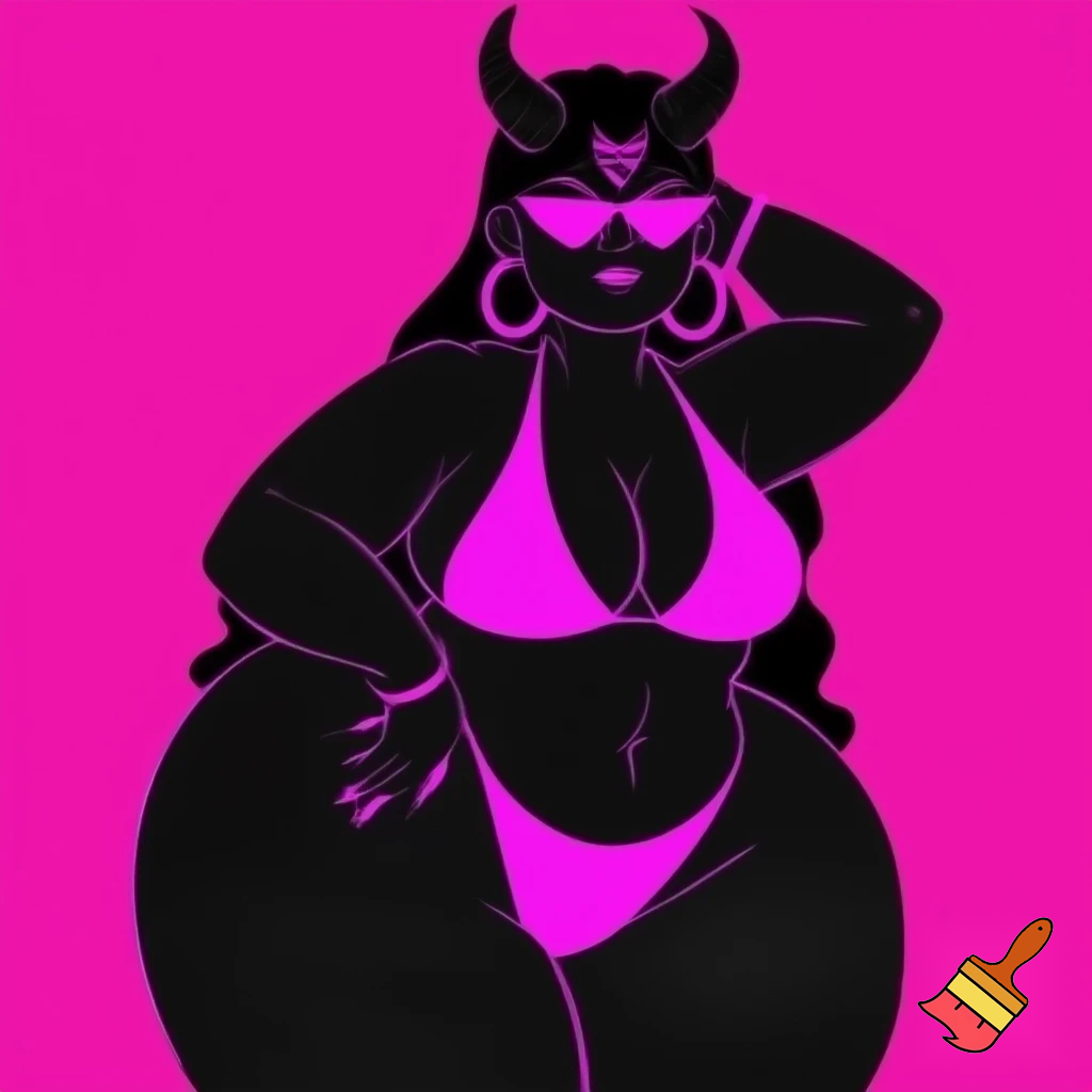 The image is a stylized illustration featuring a dark-skinned, possibly demonic or horned character, posing confidently against a vibrant hot pink background. The character has long, flowing dark hair and prominent horns that curve upwards from their head. Their eyes are obscured by a pair of sleek, triangular hot pink sunglasses.
They are depicted wearing a minimal hot pink bikini, consisting of a triangle top and a high-cut thong bottom. A distinctive symbol, resembling a trident or a stylized "psi" symbol, is visible on their forehead, also in hot pink. The character is adorned with large hoop earrings and a bracelet on their left wrist, all in matching hot pink.
Their body language suggests confidence, with one arm raised and bent behind their head, and the other hand resting on their hip. The overall style is bold and graphic, using strong outlines and a limited color palette of black and hot pink, creating a high-contrast and striking visual. Large gigantic penis.