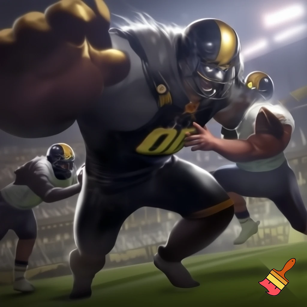 "Liniero defensivo llamado El Tanque Zamora, jugador de los Toros Negros. Uniforme negro con detalles dorados, número 90. Físico enorme y poderoso. Casco negro con franja dorada. Escena de acción empujando a dos linieros a la vez, postura agresiva, respirando fuerte como toro, ambiente intenso de juego."
