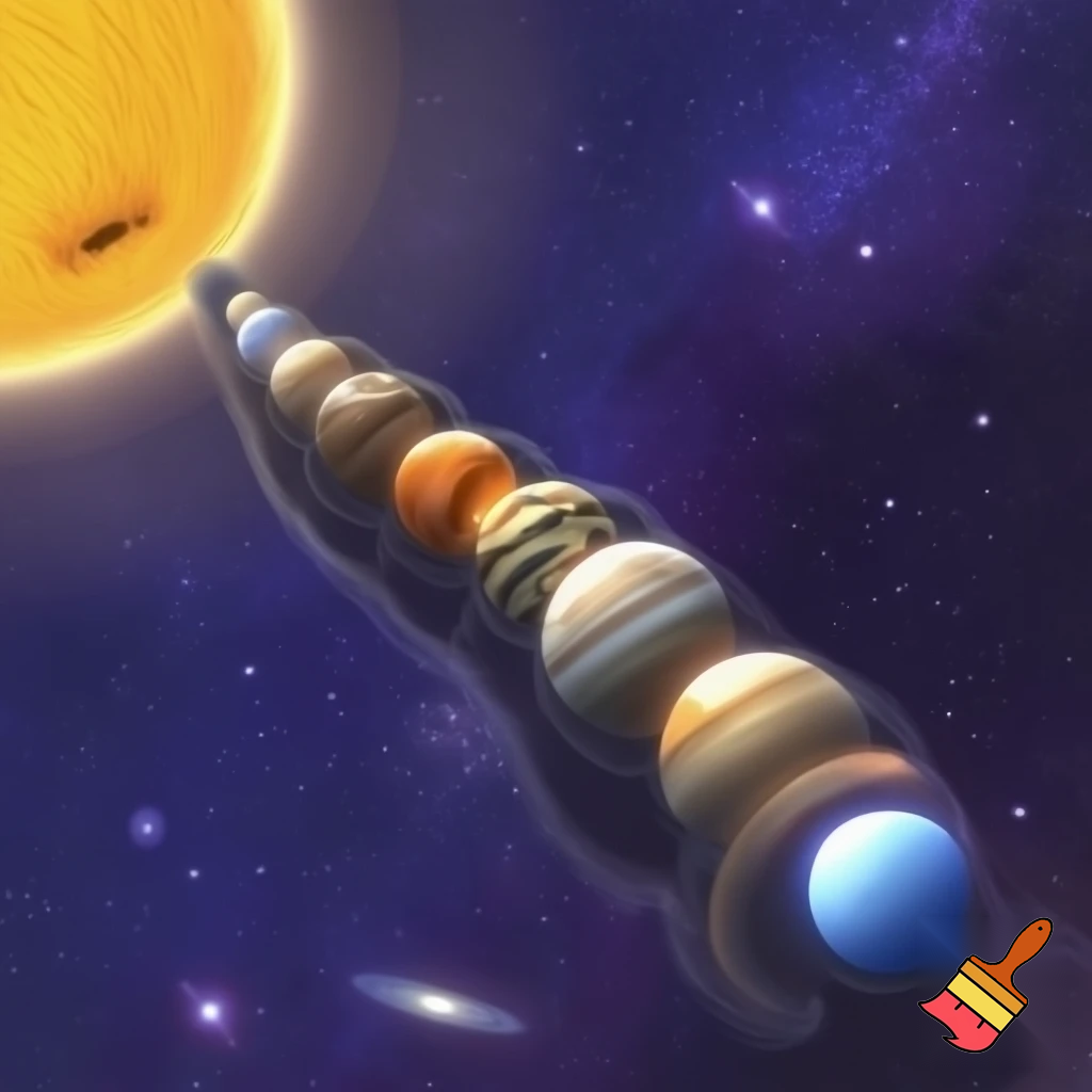 Make a solar system but make it look like a caterpillar walking in space, the sun is the head, and the planets are the body