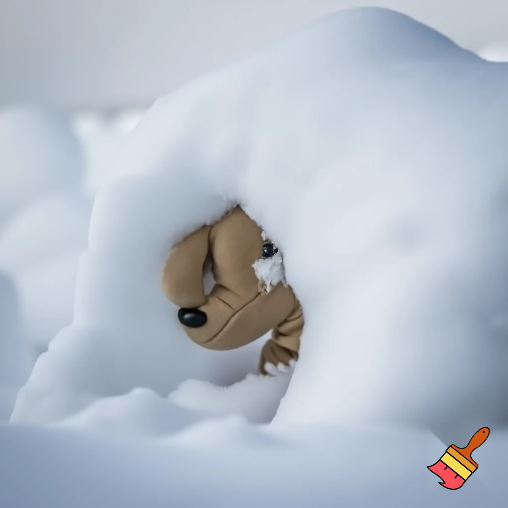  a dog kid size stuffed animal with the stuffing still inside and he’s getting buried in very, very deep snow