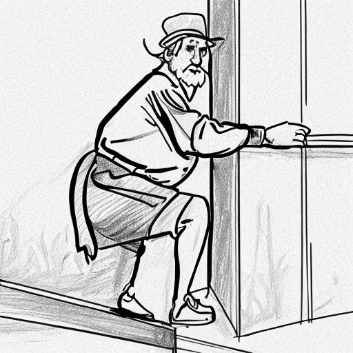 Make a easy to draw sketch of an old Leonardo da vinci leaning on a wall