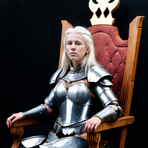 young tall white-haired woman in armor sits on a throne