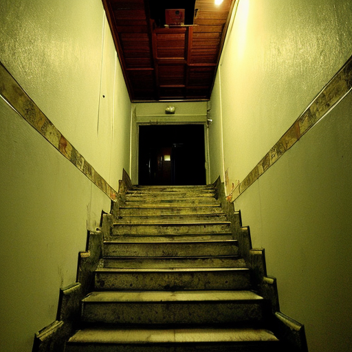 Old dimly lit apartament building stairwell post-soviet architecture 