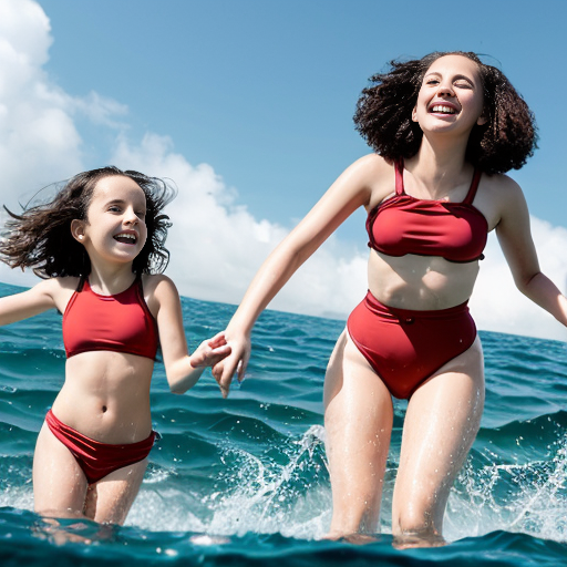 Two young small girls, one with dark skin, black curly hair and red two-piece swimsuit, and the other with light skin, blonde straight hair and blue two-piece swimsuit, they are playing in the sea, cartoon-style 