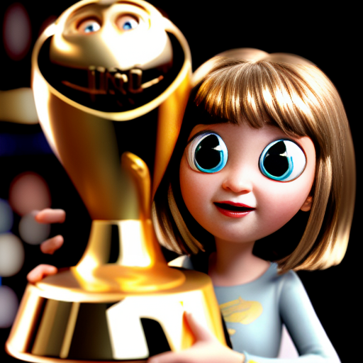 the emotion proud one person gold holding trophy Pixar cartoon style gold skin big eyes happy pretty 