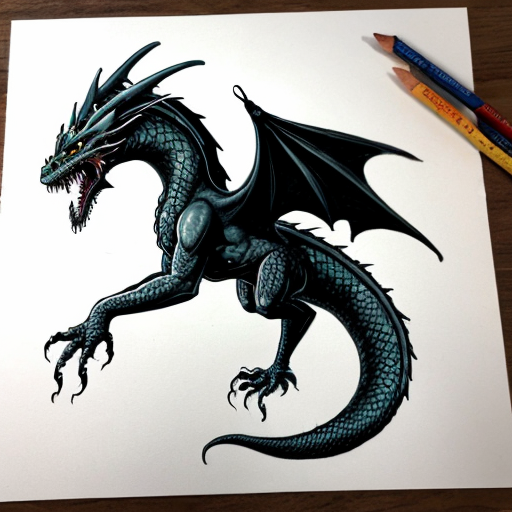 Draw me a mythological dragon flying through a town breathing fire