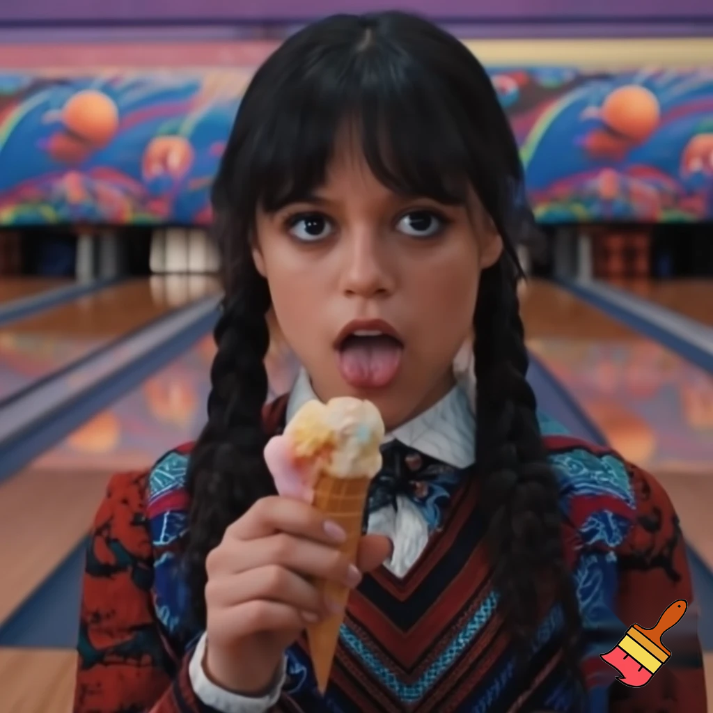Jenna Ortega eating ice cream at a bowling place 