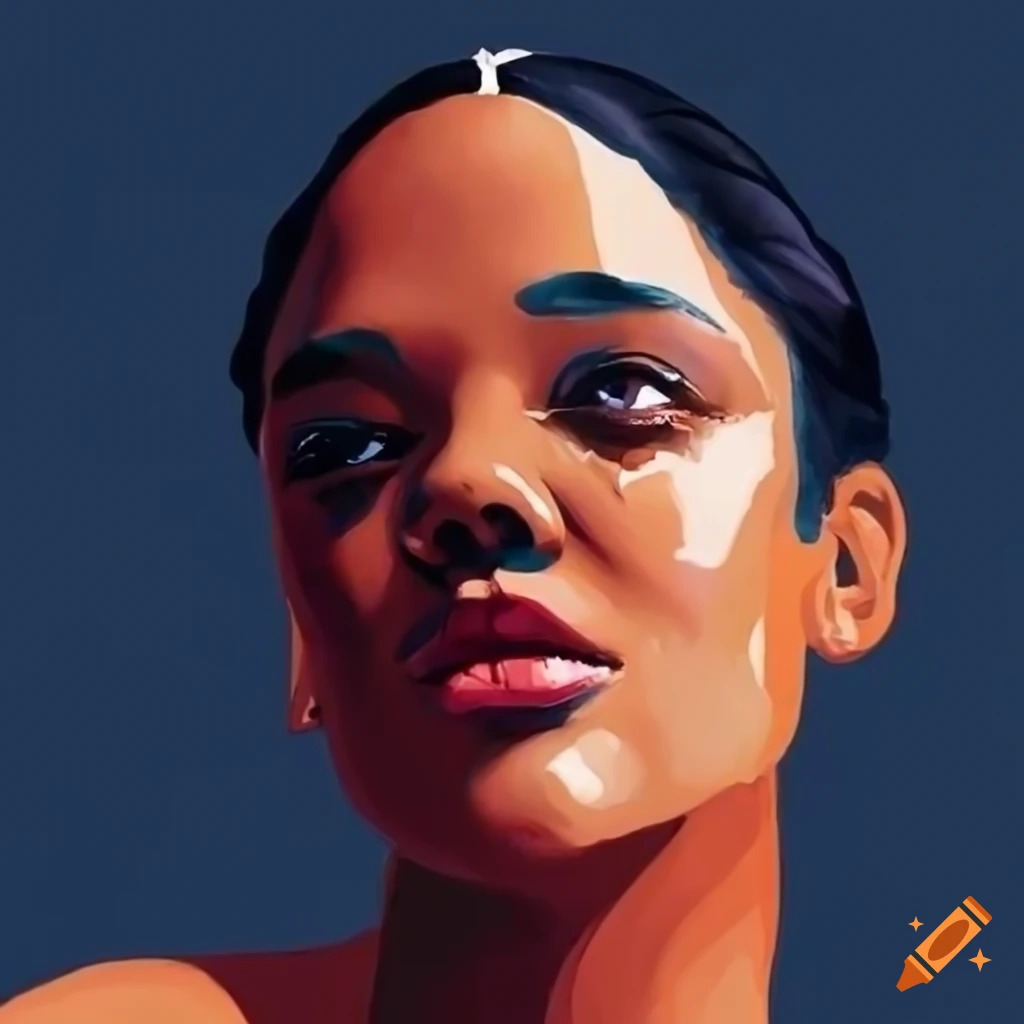 Tessa Thompson in a modern simple illustration style using the Pantone Spring 2023 Fashion color palette
