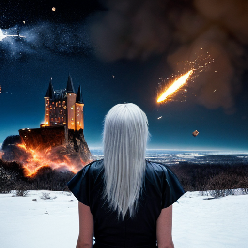 young white-haired woman in armor watches as meteorites fall on her castle