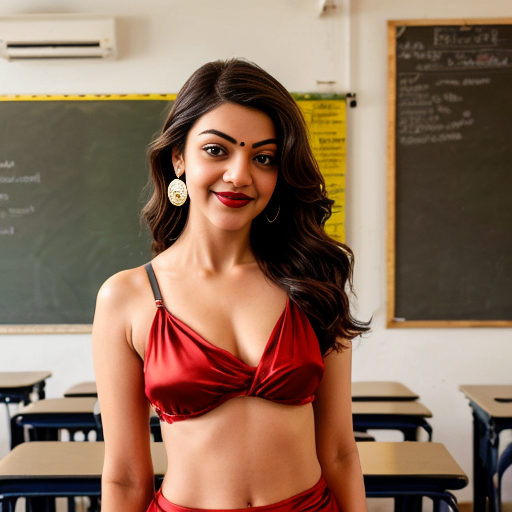 imagine Kajal Aggarwal , same body tone , same body proportions in Brazilian bikini costume with thin strap black bikini brassiere and stringed underwear, red silk  draped bottomwear, no jewelleries, with earring, remove metal hip ornaments ,  CURVY  BODY , chignon hairstyle  , red lipstick, calm expression , standing in classroom . Hands above head , wrists crossed