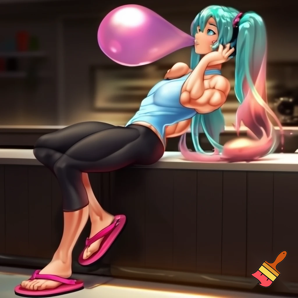 Hatsune miku with a six pack and muscular Wearing a light blue tank top, black cropped leggings, and pink havaianas flip flops leaning on counter while looking at her phone and blowing a piece of bubble gum
