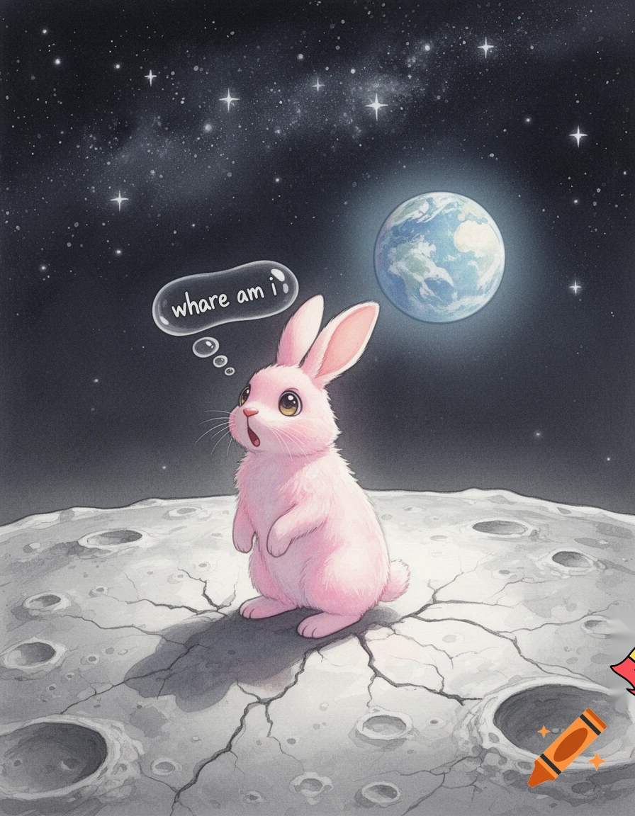 pink rabbit on the moon saying whare am i