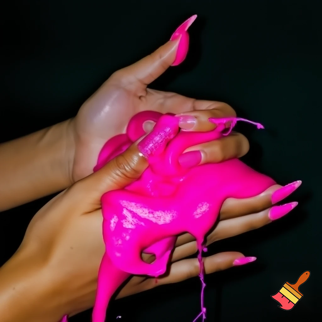 crate a picture of hands with hot pink glitter French tip nails playing with lots of fluffy pink slime. Make it look very baddie with dark backround
