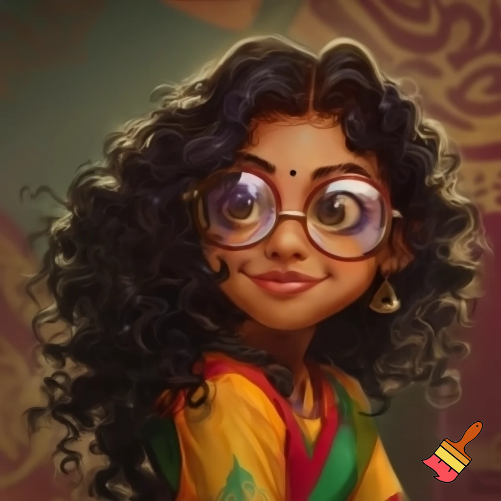falgi named indian girl curly hair with glasses