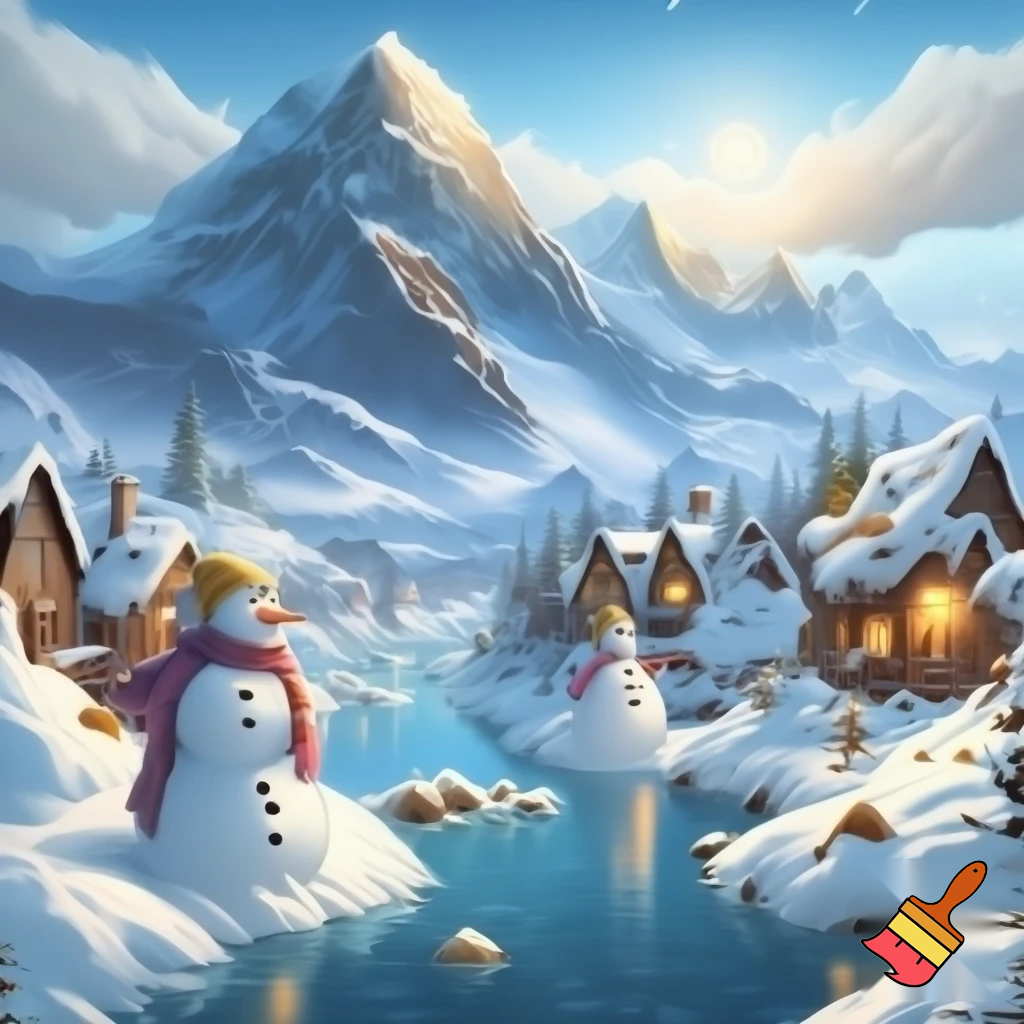 a snowman village with mountains and rivers