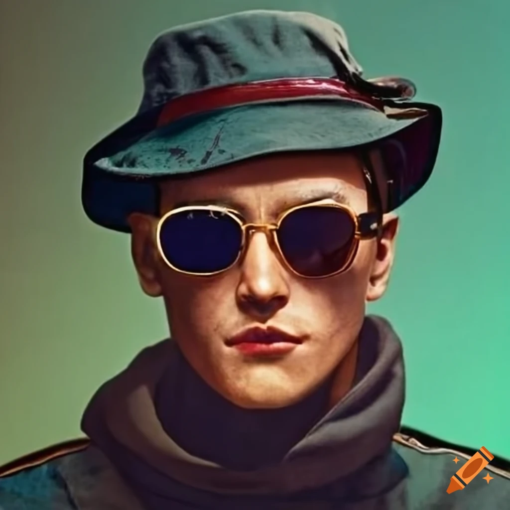 Hunter S Thompson; wearing aviator glasses that have thin rims, and wearing a bucket hat