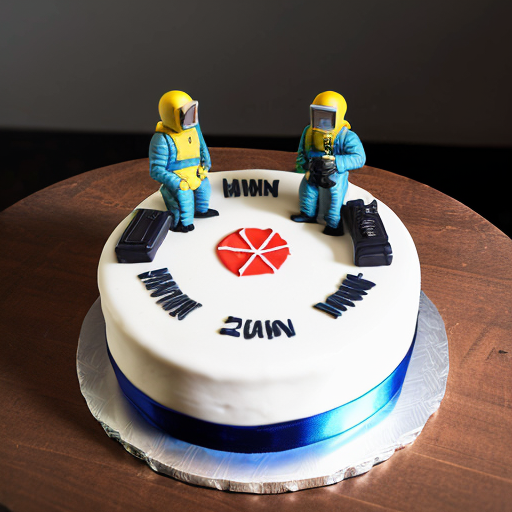 Photorealistic image of a single-tier round white fondant cake in Fallout New Vegas style, diameter 25cm. On top: large drawn Vault Boy character thumbs up (big smile, yellow hair, blue jumpsuit with yellow Vault-Tec logo, pointing finger up). Around the top edge: red 'Happy Birthday' banner ribbon. Sides fully covered in white fondant with drawn thematic Fallout elements: Nuka-Cola bottles, radiation symbols ☢️, Pip-Boy wristwatch, Liberty Prime head silhouette, Brotherhood of Steel logo. Three volumetric 3D red Nuka-Cola bottle caps (realistic, glossy, 4cm diameter, protruding 2cm) placed on sides. Yellow Vault-Tec arc emblem with '38' in center of side. Monochromatic colors: white base, blue, yellow, red accents only. Studio photo on wooden table, perfect lighting, highly detailed, cake topper style
