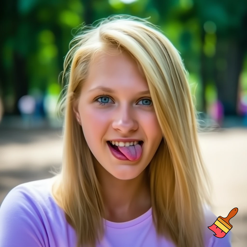 Blond 22 year old woman with blue eyes and tongue out