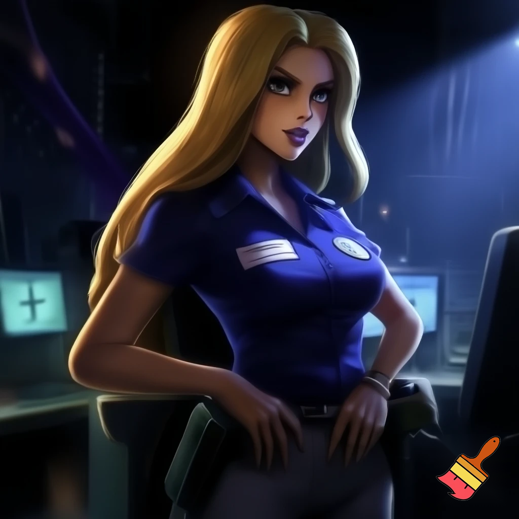 Vanessa from five nights at Freddy’s security breach with her extremely long blonde hair down; while wearing a proper security/ night guard outfit 