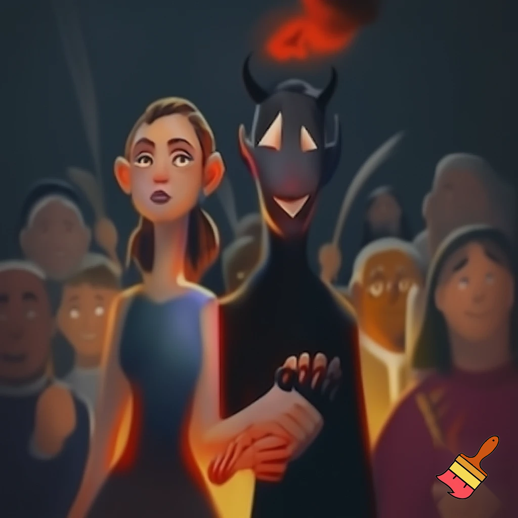 claudia sheinbaum holding hands with the devil and smiling, full body, and deep down people smiling with long weapons