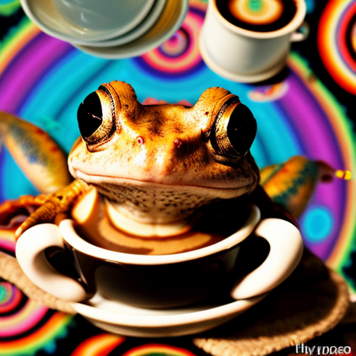 A hillarious, funny boho toad with some hippie colored coffee cups. Psychedelic decorated background, hyperrealistic. Close-up view.