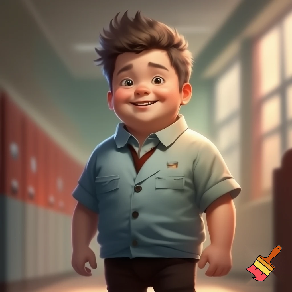 A teenager boy with haircut spiky hair , chubby in school uniform 