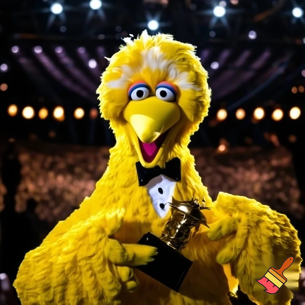 Big bird from Sesame Street winning a film award 
