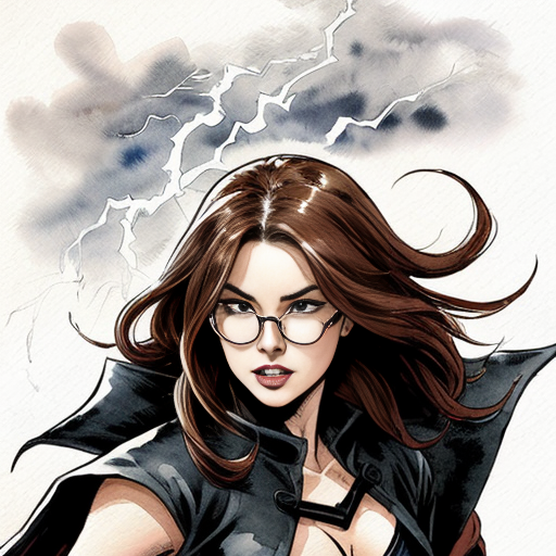 PAGE 1, PANEL 1 SUPERHERO INTRODUCTION:
"Anime superhero girl with long dark reddish-brown hair, round glasses, warm brown skin tone, fierce determined expression like Tanjiro, wearing a flowing dark cape or coat, dramatic powerful stance, glowing aura around body, stormy sky with lightning behind her, Demon Slayer anime art style, black and white manga ink drawing, high contrast, bold lines, vintage comic aesthetic