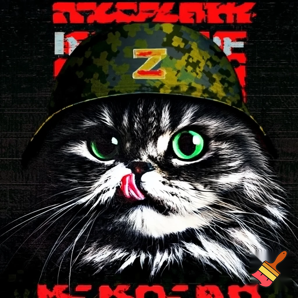 A hyper-realistic close-up portrait of a fluffy gray Siberian cat with bright green eyes, sticking its tongue out playfully. The cat is wearing a digital pixelated camouflage military helmet. The style is a Soviet-era military or socialist realism, with bold stylized graphics, high contrast, and a limited color palette of olive green, black, red, and white. In the background, bold Cyrillic text in red and white: at the top "БООРУЖЕННЫЕ СИЛЫ РОССИИ" (Armed Forces of Russia) and at the bottom "KAMAZ". The letter "Z" is prominently displayed on the side of the helmet or in the background. The image has a slightly grainy, vintage print texture. The mood is ironic and humorous, mixing cuteness with military aesthetics. --style raw --ar 2:3