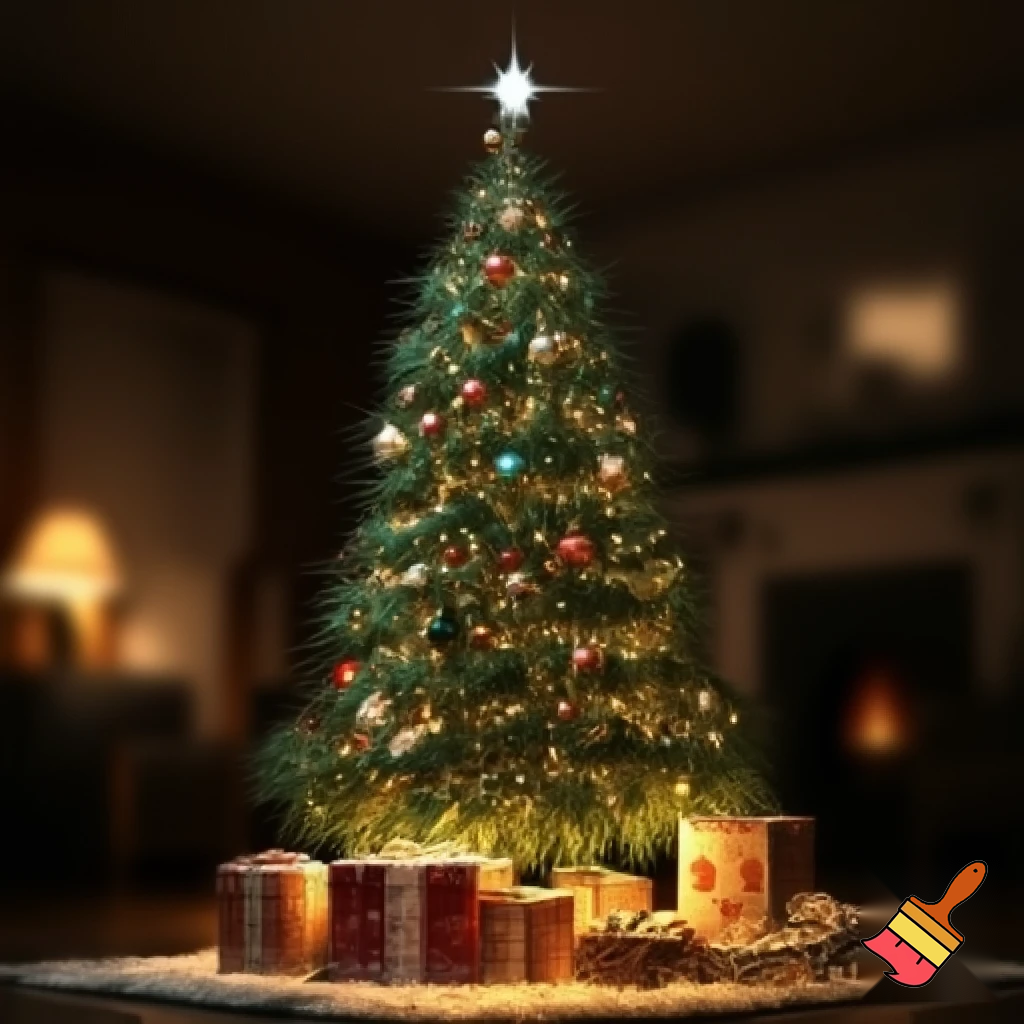 Christmas tree with  a star and present all around