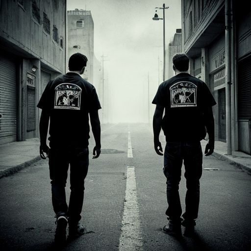 Two young adult brothers, slightly older than teenagers, standing back-to-back, looking forward in a gritty urban setting. They have North African features and wear casual, slightly worn street clothes. Each holds only one pistol, symbolically, representing strength, loyalty, and brotherhood. Stylized, semi-realistic illustration in black and white, cinematic lighting, moody and dramatic atmosphere. Iconic, emblem-like composition suitable for a clothing brand logo. Focus on attitude and symbolism, not realistic violence. Slightly exaggerated, graphic illustration style