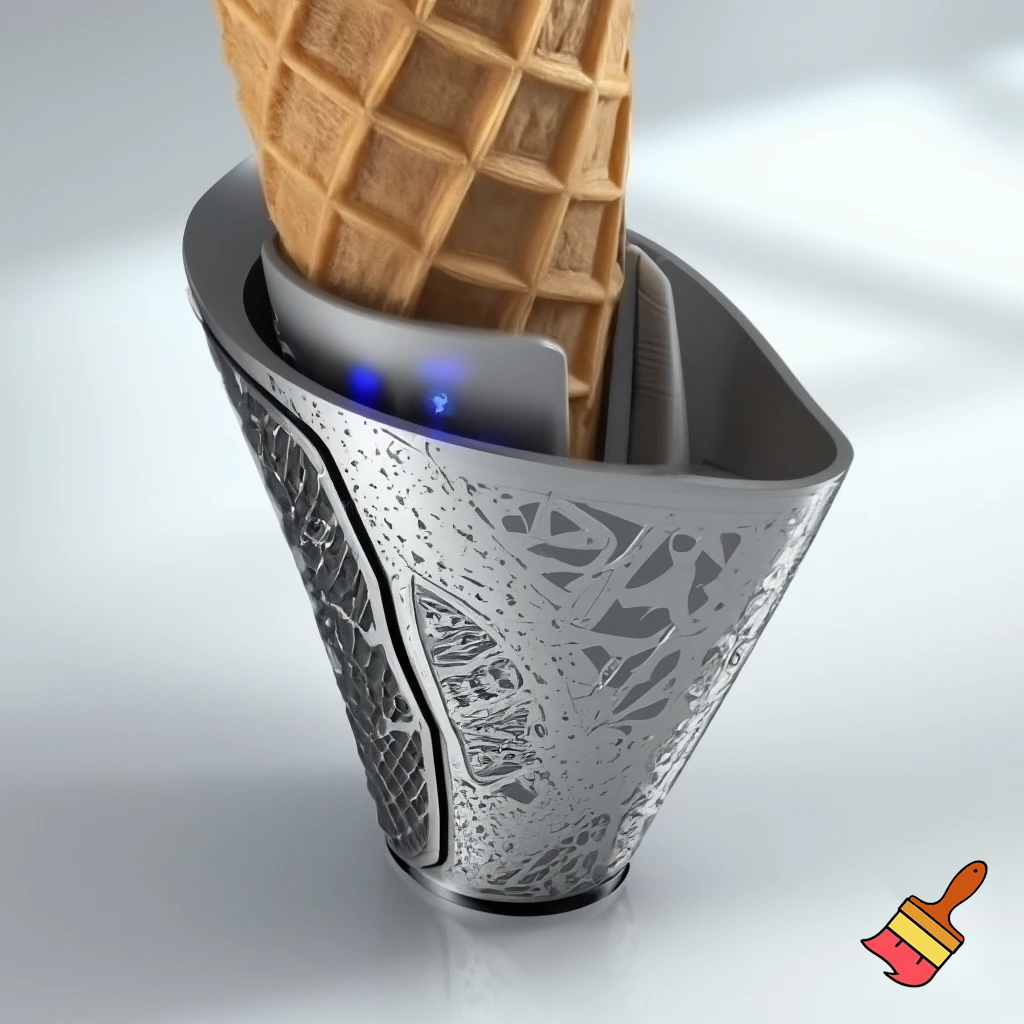 Picture of an ice cream cone holder that keeps the cone cold it is over the cone. It should have lots of detail