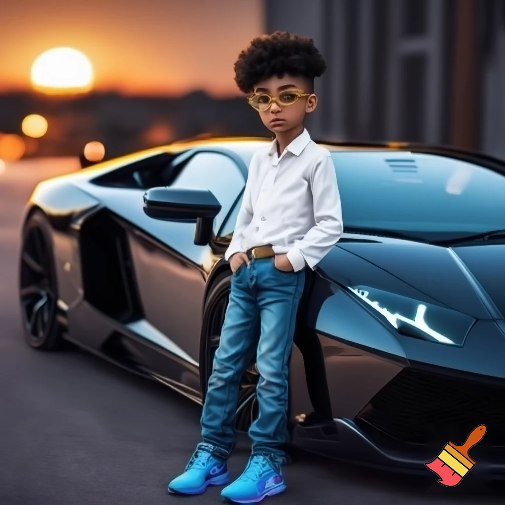 a guy with black short curly hair and with bleu geans on and a white bloes and bleu airmax shoes and he has golden glasses and he is sandingg and leaning ageinst a lamborgini and his hands in his pockets and he has a white skin coulor and he is as tall as a 12 year old


