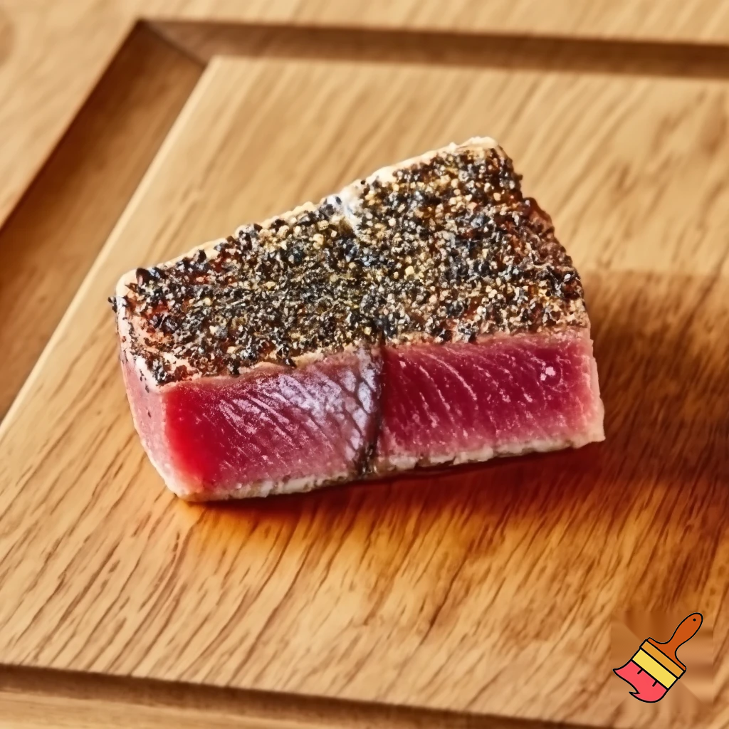 Make this image of pepper encrusted tuna steak look photo-realistic, keep all the colors the same, but remove the black background and change it into a classy hardwood background, center the image into a 1:1 square, add a matching hardwood border.