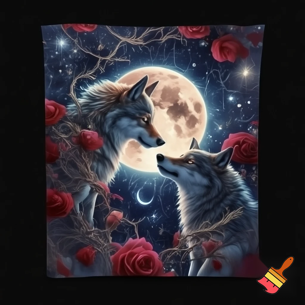 Mystical illustration for a 50x60 inch blanket. Two wolves face each other under a large glowing full moon, rendered in a detailed, dramatic style. Surround the scene with abundant roses, thorny vines, stars, and celestial symbols such as crescents, constellations, and mystical markings. The artwork should fill the entire canvas edge-to-edge with no borders or frames. Composition should feel magical, ethereal, powerful, and richly detailed, suitable for a high-quality blanket print on a solid black background.