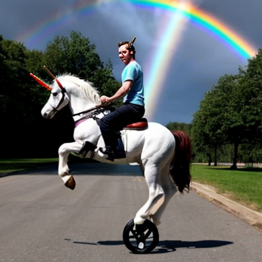 an image of a unicorn riding a unicycle on a rainbow