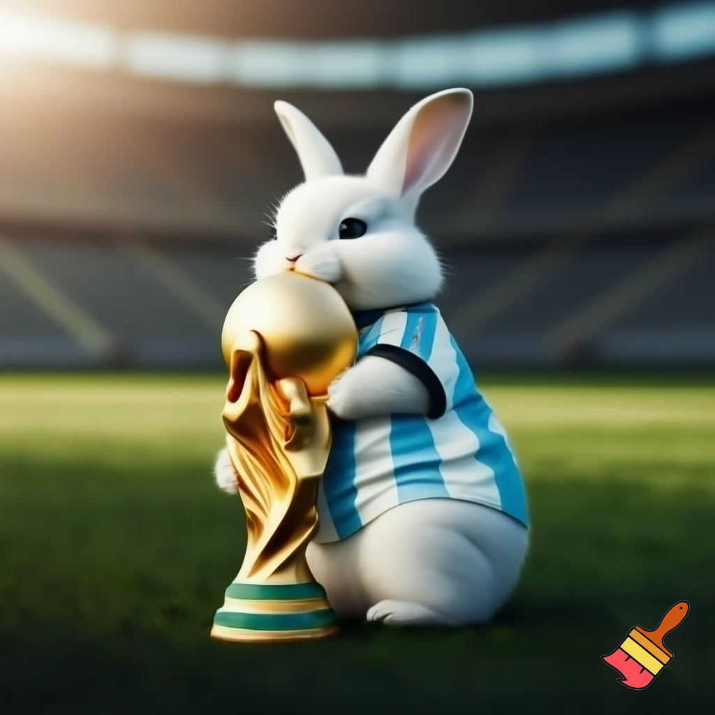 White bunny in an Argentina shirt holding the world cup