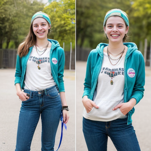 She looks like a bright, friendly Year 7 student with a warm smile and lively eyes. Her style is casual and trendy, often wearing jeans, sneakers, and maybe a hoodie from her favorite band. She might add fun accessories like bracelets or a necklace. With two dogs at home and dreams of becoming a zoologist, she has a slightly outdoorsy vibe. Overall, she appears cheerful, confident, and full of energy.