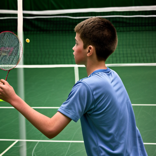 a side profile of a 14 year old boy hitting a badminton shuttlecock about 10 metres